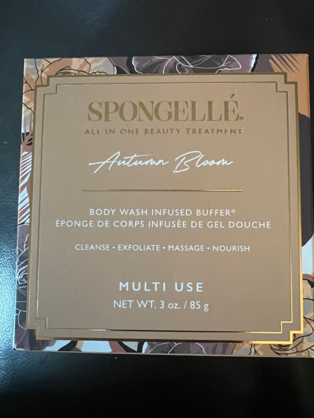 Spongellé Autumn Bloom Body Wash Infused Buffer in Brown & Gold Packaging
